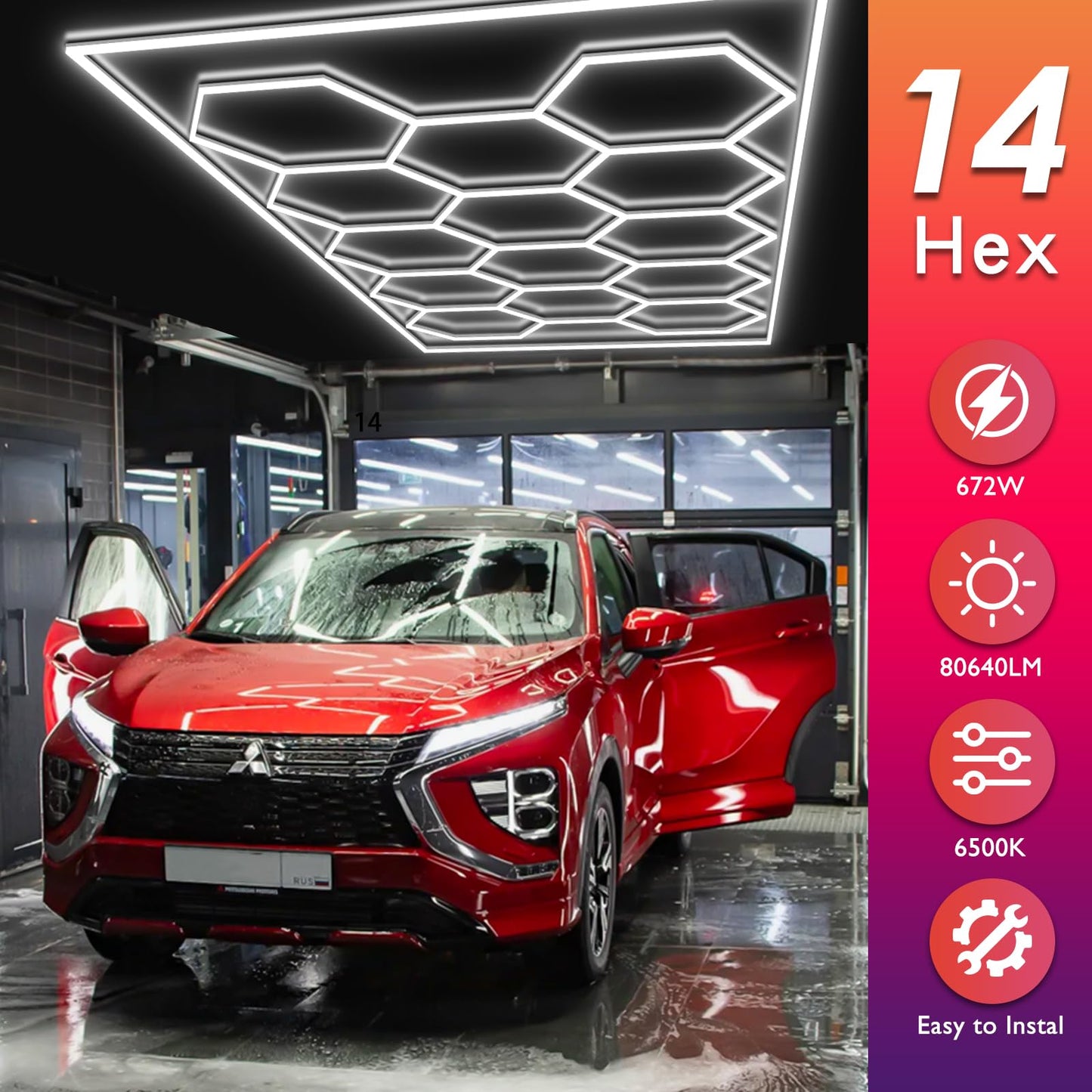 BRILLIHOOD Hexagon Garage Lights Honeycomb LED Hex Light, 672W, 80640LM, 6500K Super Bright, 14 Grid Systems Car Detailing Lights with Rectangular Frame for Garage Warehouse Workshop Basement Gym
