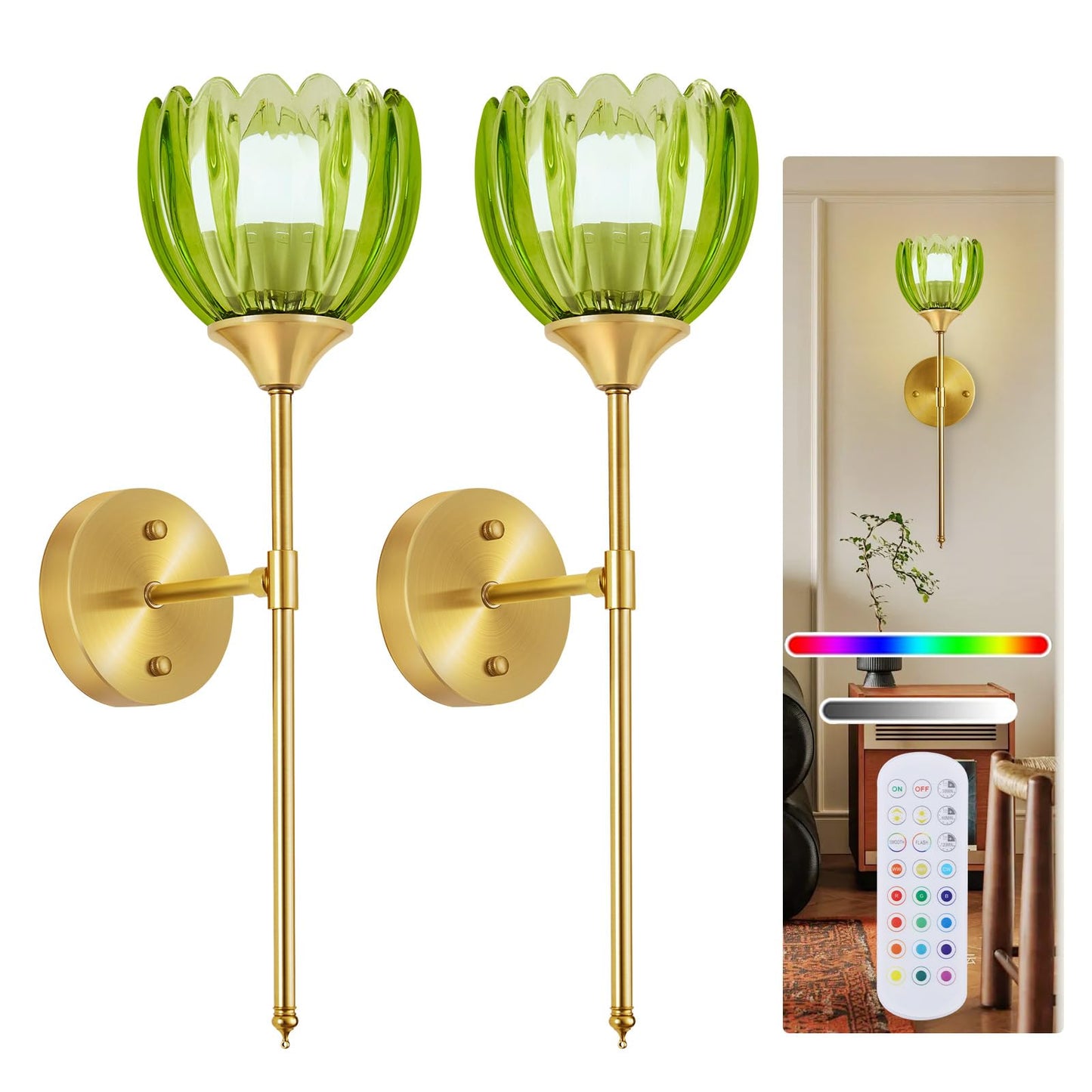 SoodMi Battery Operated Wall Sconce Set of 2, Rechargeable Wireless Wall Sconce Lights with Glass Lampshade, 5000mAh Dimmable Bulbs with Remote,15 Colors Wireless Wall Lamps for Bedroom Living Room