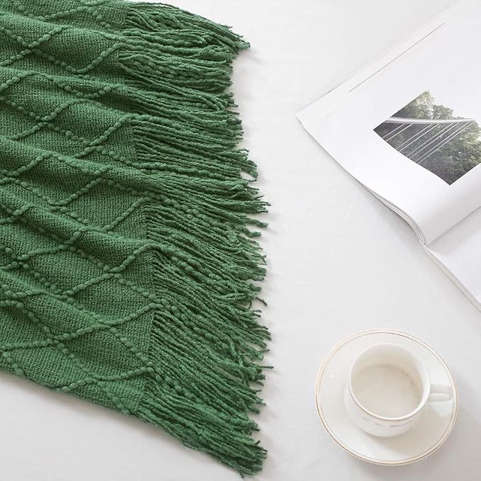 BOURINA Green Throw Blanket 50 x90 Inches Throw Textured Solid Soft Sofa Throw Bed Runner Couch Cover Knitted Decorative Blanket Bed Runner