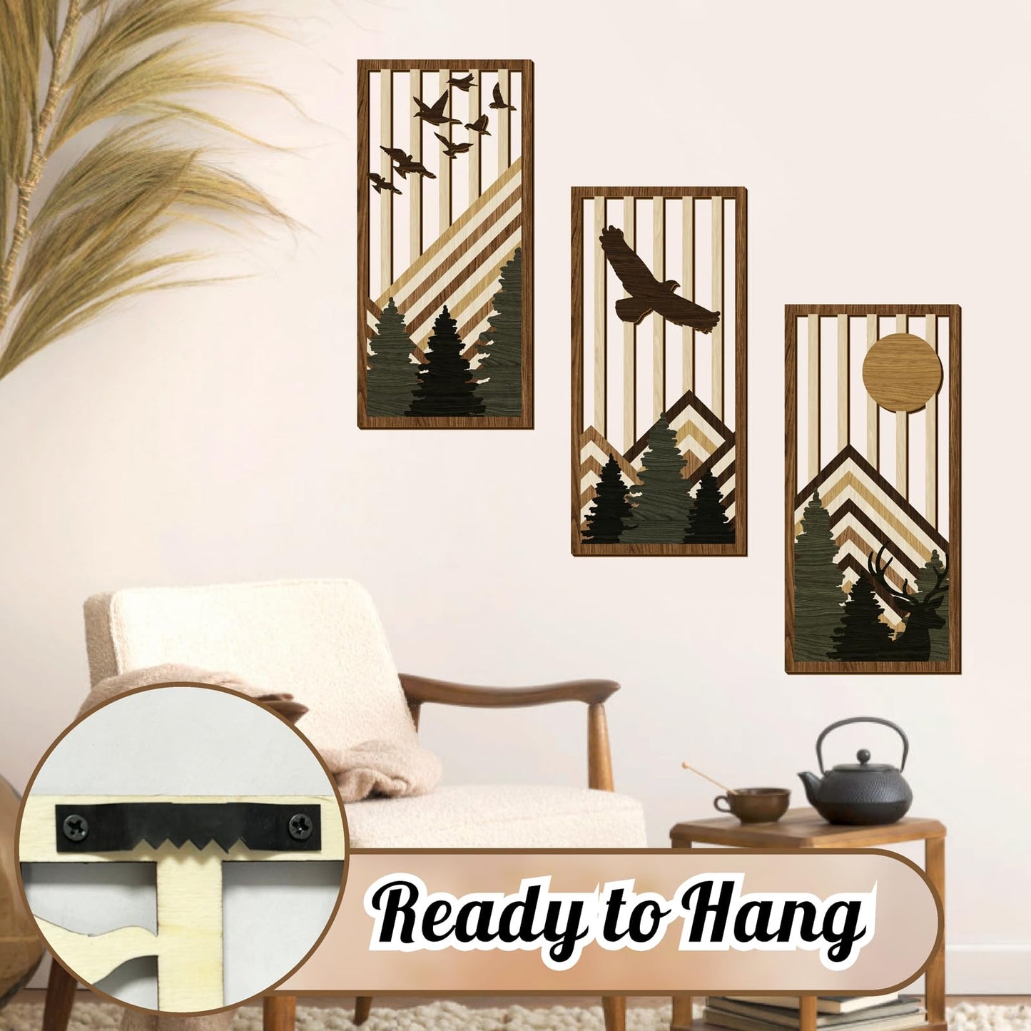 3 Pcs Wooden Boho Mountain Wall Art Mid Century Modern Wall Decor Nature Geometric Line Artwork for Living Room Rustic Home Indoor Decoration MCM Landscape Hanging Plaque for Bedroom Office Accents