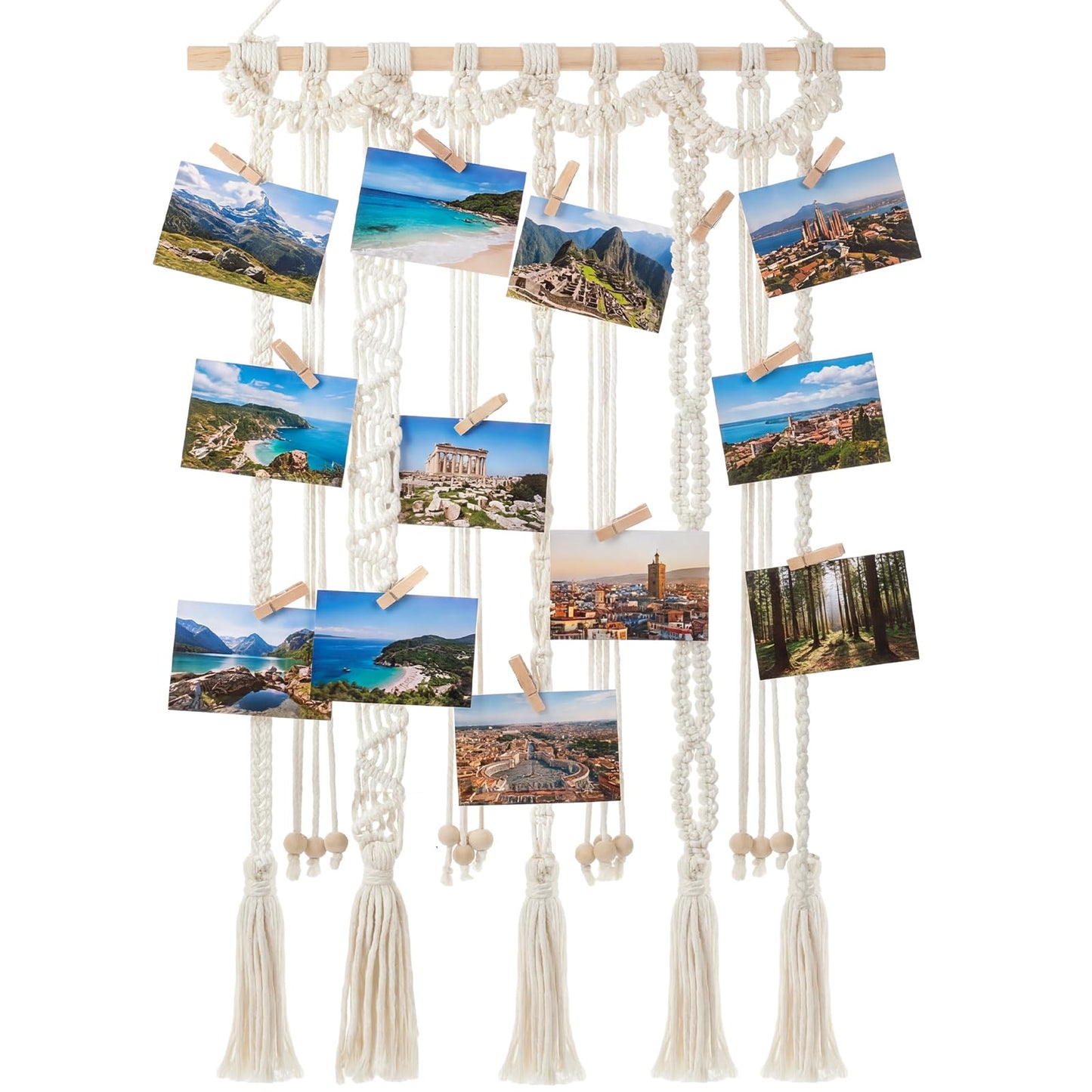 Lewtemi Macrame Hanging Photo Display Wall Decor with 30 Clips Boho Tassel Photo Wall Hanging Holder Art Decor for Frame Manager Picture Greeting Cards Collage Bedroom Home Dormitory Living Room