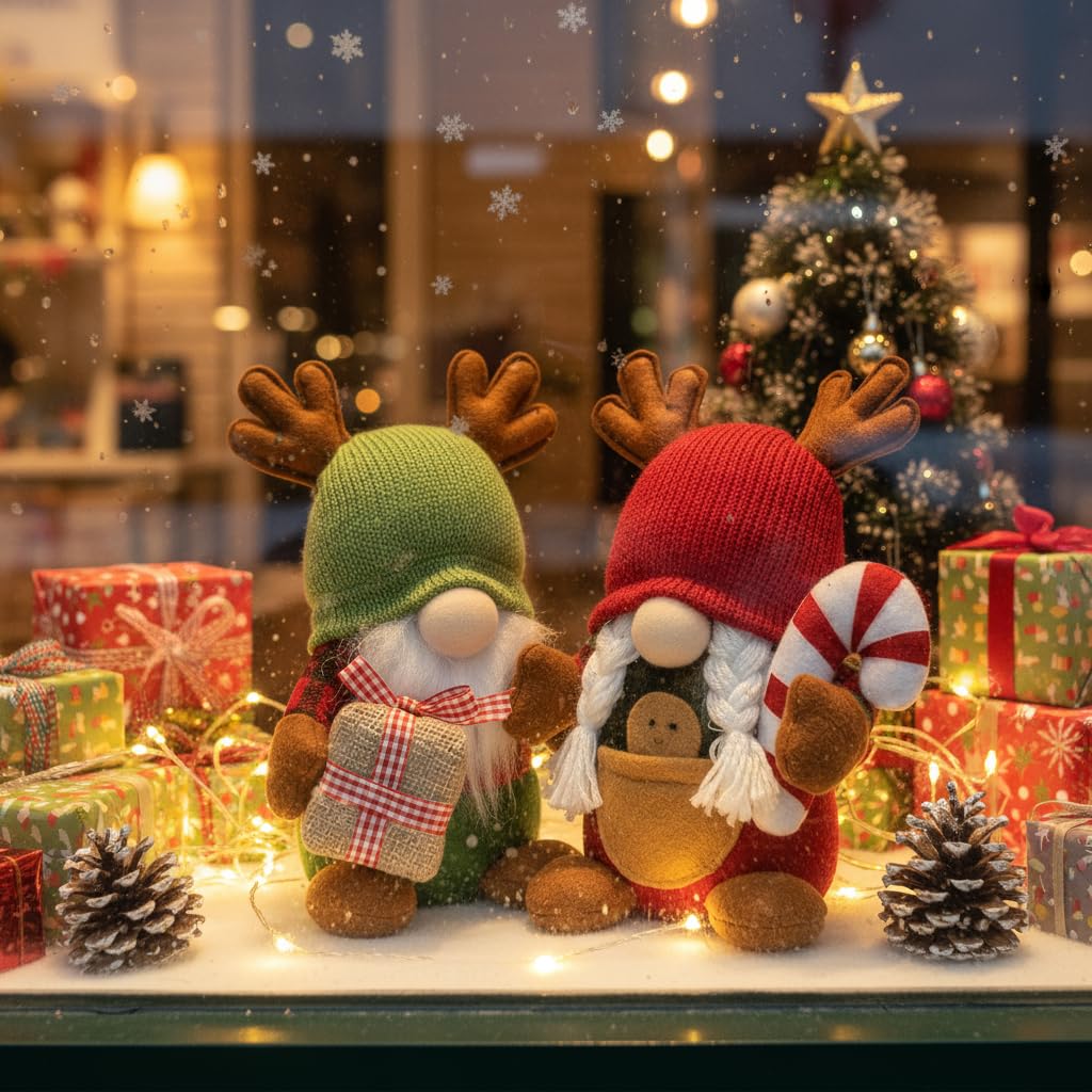 YOMEIA 2PCS Christmas Gnomes Plush Decorations, Set of 2 – Scandinavian Tomte Elf Gnomes with Gift & Candy Cane, Swedish Nordic Holiday Home Decor for Xmas