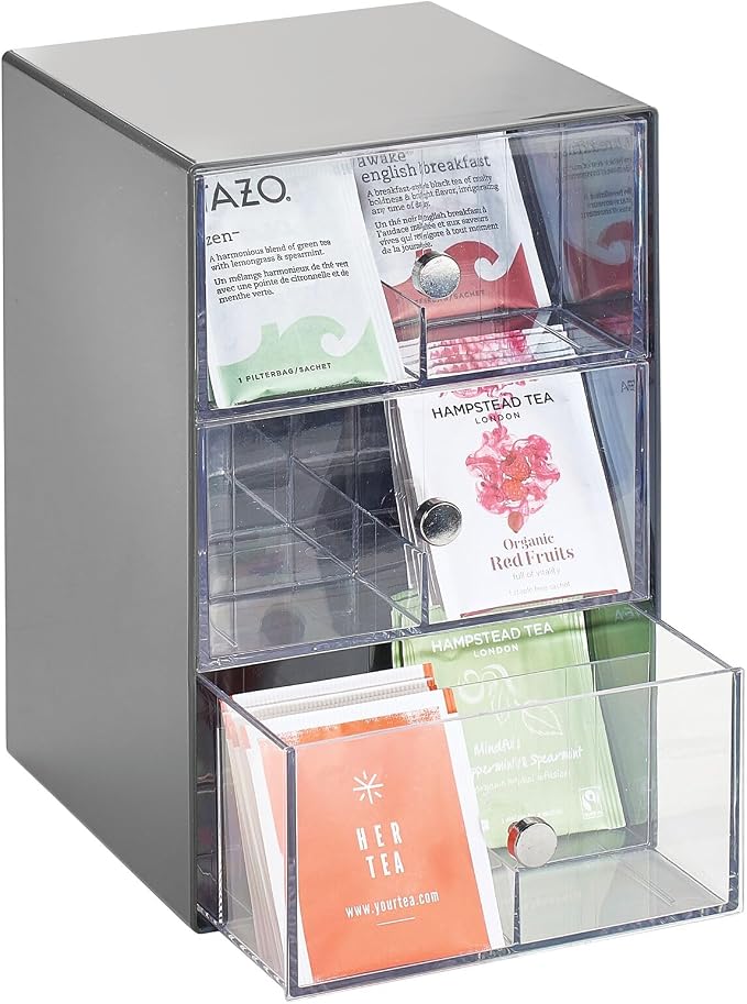 mDesign Plastic Wide Kitchen Pantry, Cabinet, Countertop Organizer Storage Station, 3 Drawers for Coffee, Tea, Sugar Packets, Sweeteners, Creamers, Drink Pods, Packets; 18 Sections, Dark Gray/Clear
