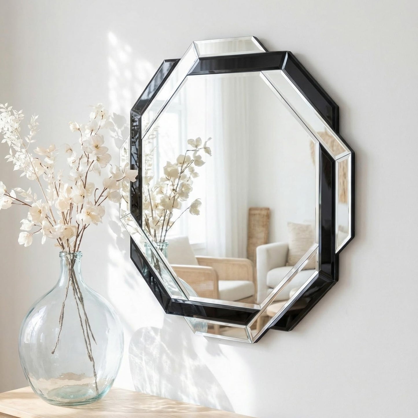 Vercraft Bathroom Mirror Decorative Beveled Edge Frameless Mirror Wall Mirrors Hexagon Silver Polished for Wall Bathroom Vanity Room Bedroom Living Room and Enter Way (30"×30")