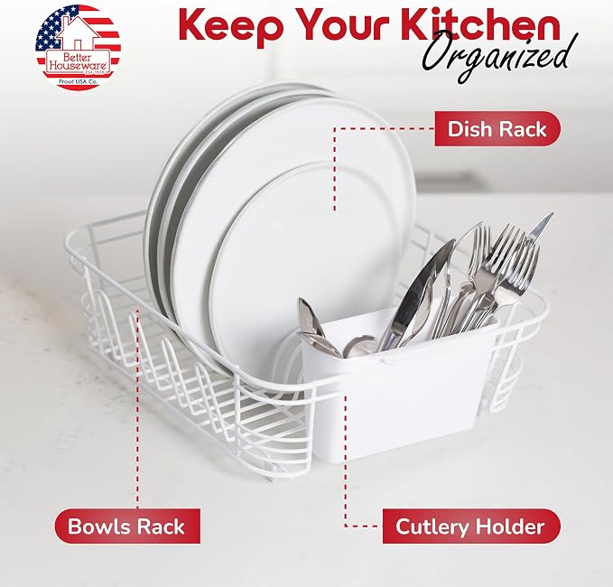 Better Houseware Dish Drying Rack, Space-Saving Dish Drainer Rack for Kitchen Counter, Kitchen Dish Strainer 2-Piece Set with Utensil Holder, White