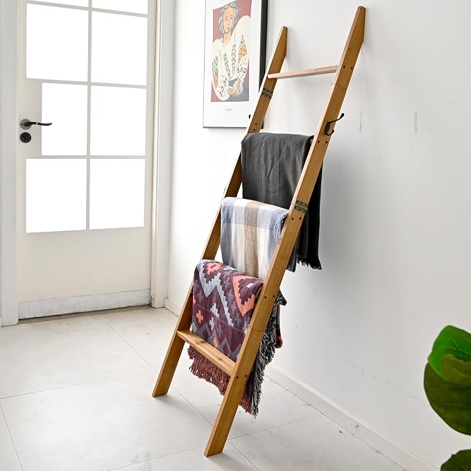 FUIN 58in Blanket Ladder, Wood Towel Ladder, Rustic Decorative Ladder for Blankets, Farmhouse Wooden Quilt Rack for Living Room & Bathroom