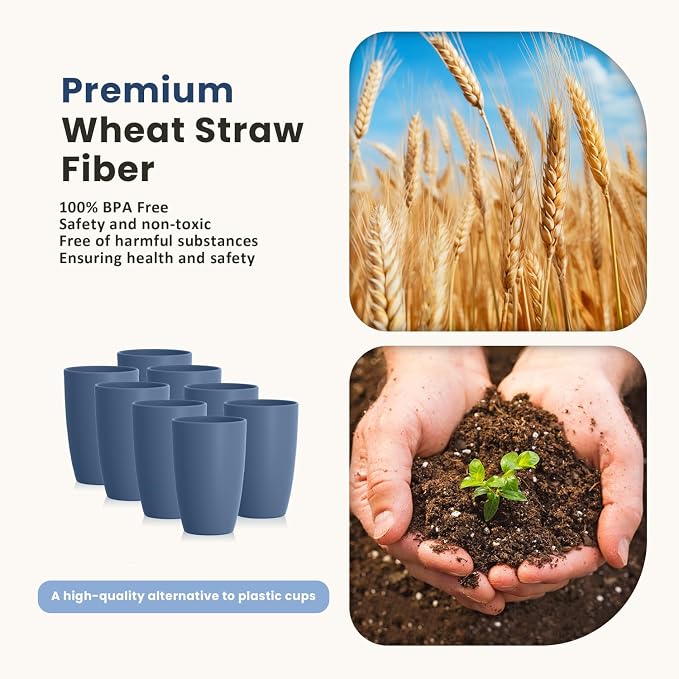 Homienly Wheat Straw Cups, 8 PCS Reusable Drinking Cups, 20 oz, Navy Blue, BPA Free, Dishwasher Safe, Microwave Safe, Premium, Durable, Unbreakable, Recyclable