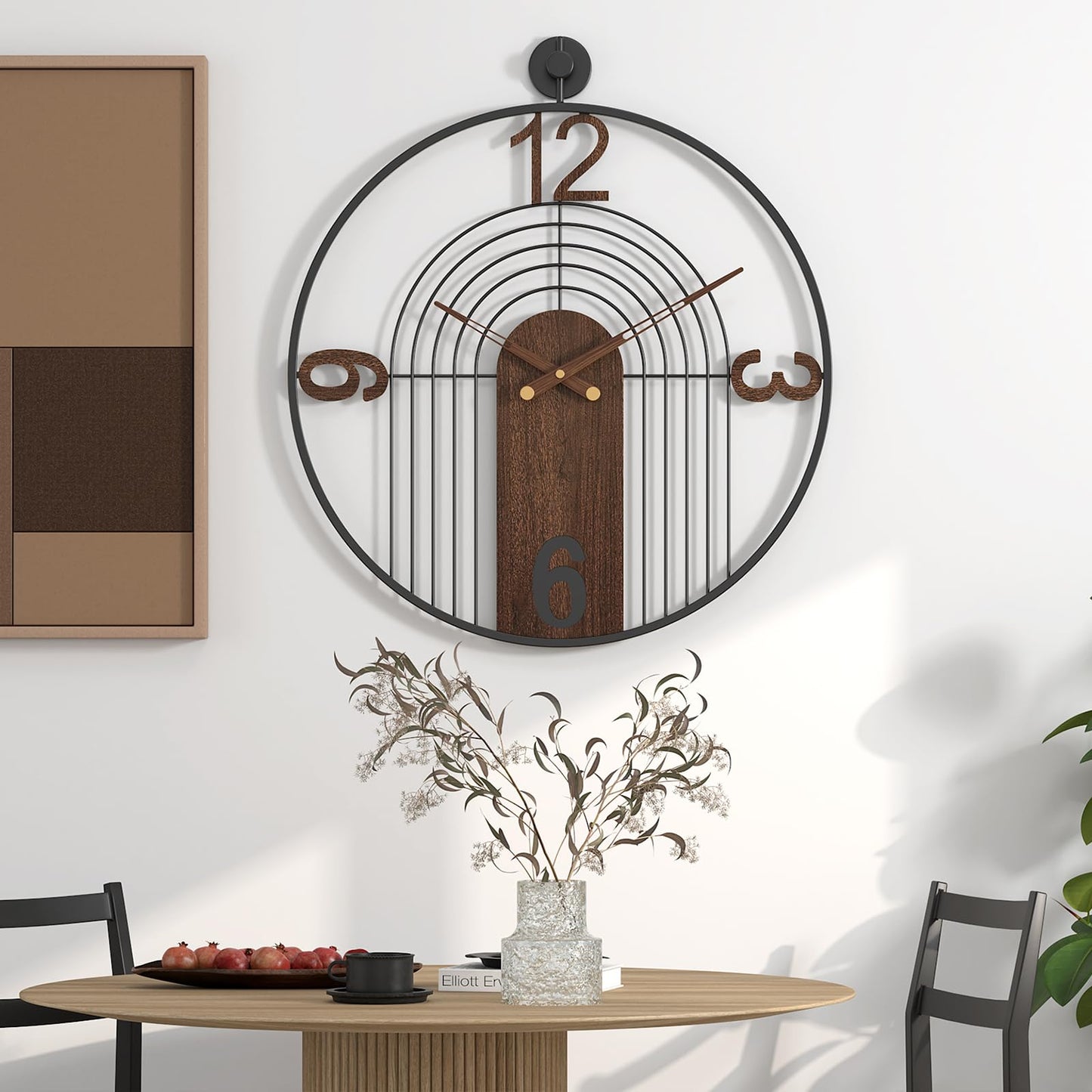 VIVIFLYSE Modern Large Walnut Dial Wall Clock, Wood Metal Frame Silent Non Ticking Wall Clocks Decoration for Living Room, Bedroom, Kitchen, Study, Handmade Home Decor Present Idea, 22 Inch