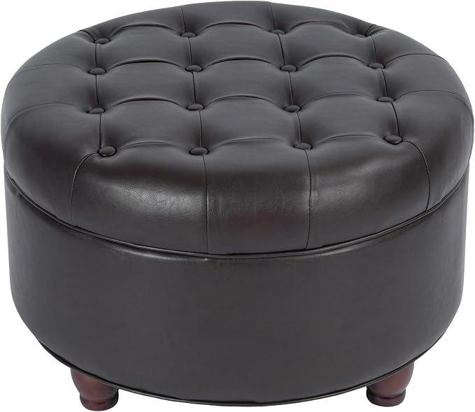 Homepop Home Decor | Button Tufted Faux Leather Round Storage Ottoman | Ottoman with Storage for Living Room & Bedroom (Distressed Brown)