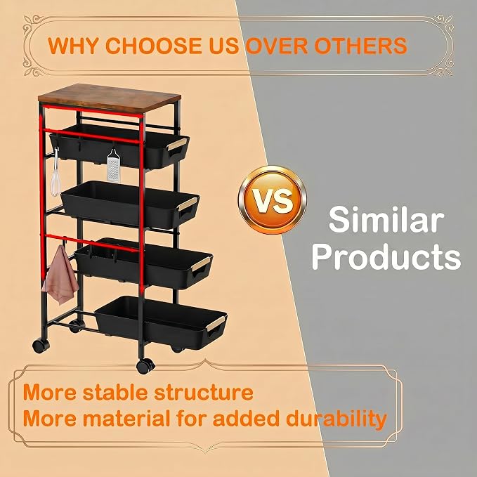 5-Tier Slim Storage Cart, Wooden Top Rolling Kitchen Cart with Pull-Out Baskets & Wheels, Narrow Space Utility Cart Slide Out Organizer for Kitchen, Bathroom, Laundry Room, Black