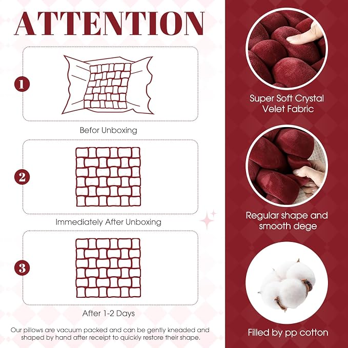 Wenqik 2 Pcs Knot Pillows Square Knotted Plush Throws Soft Accent Pillows Decoration Cushion for Couch Home Office Living Room Bedroom Bed Sofa Decor, 12'' x 13''(Burgundy,Crystal Velvet)