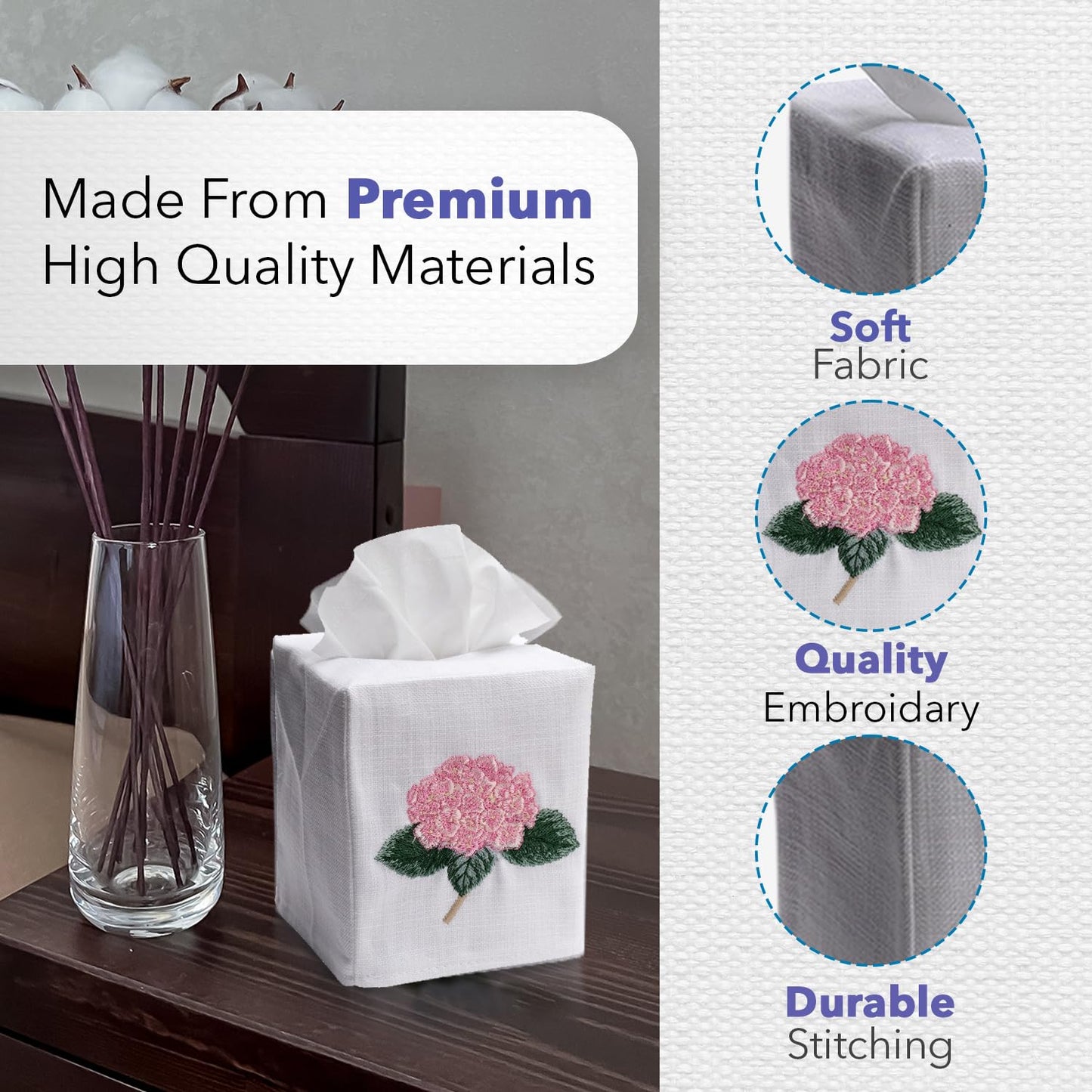 Jacaranda Living Square Tissue Box Cover, Linen/Cotton Fabric Tissue Holder, Decorative Cloth Tissue Cube Cover, Holiday Designs (Ivy & Holly Wreath)