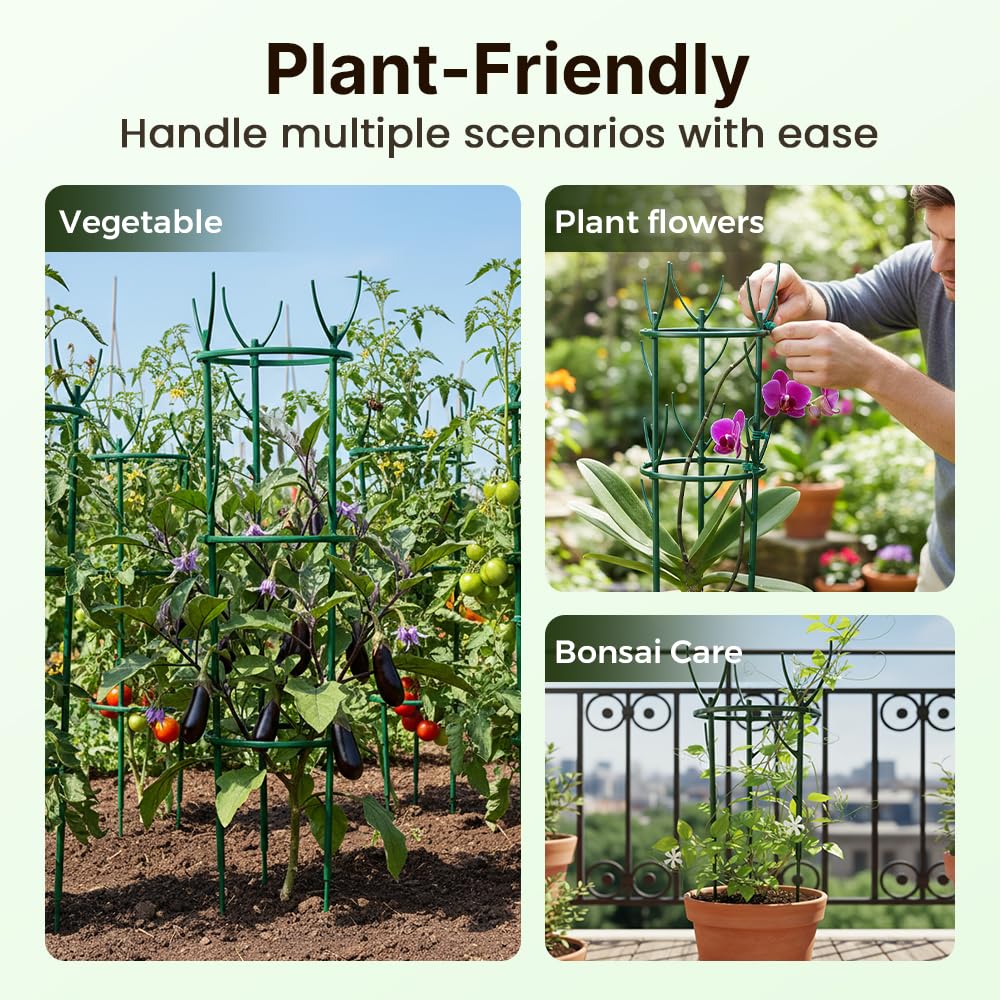 Plant Support Stakes, 9 Pack Plant Stakes for Indoor Plants, Stackable 3 Tier Durable Trellis Garden Poles for Outdoor Gardening, Plant Support Structures for Monstera Climbing Plants (Green-9Pack)
