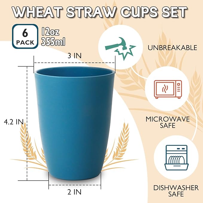 Wrova Wheat Straw Cups 6 PCS Good Alternative to Plastic Reusable Cups 12 oz Unbreakable Drinking Cup Reusable Dishwasher Safe Water Plastic Glasses with 6 Colors