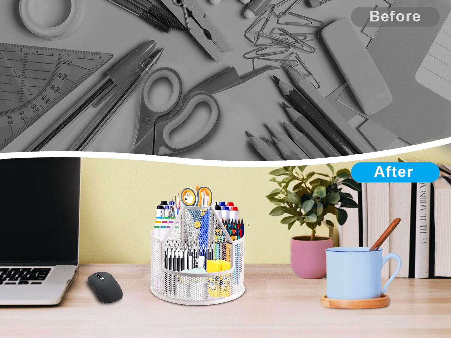 RURYEURT Sturdy Rotating Pen Holder, Cute Metal Pencil Holder, Large Mesh Pen Organizer for Desk, Premium Friendly Office Desk Accessories & Workspace Organizers, White