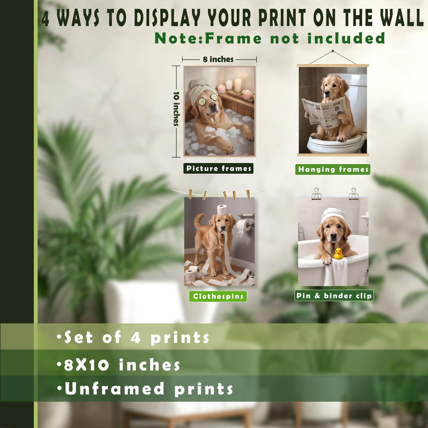 LUKIPOM Funny Golden Retriever Bathroom Wall Art Prints 8x10 Set of 4, Golden Retriever Funny Dog Wall Wall Art Posters for Bathroom Washroom Restroom Decor, Unframed