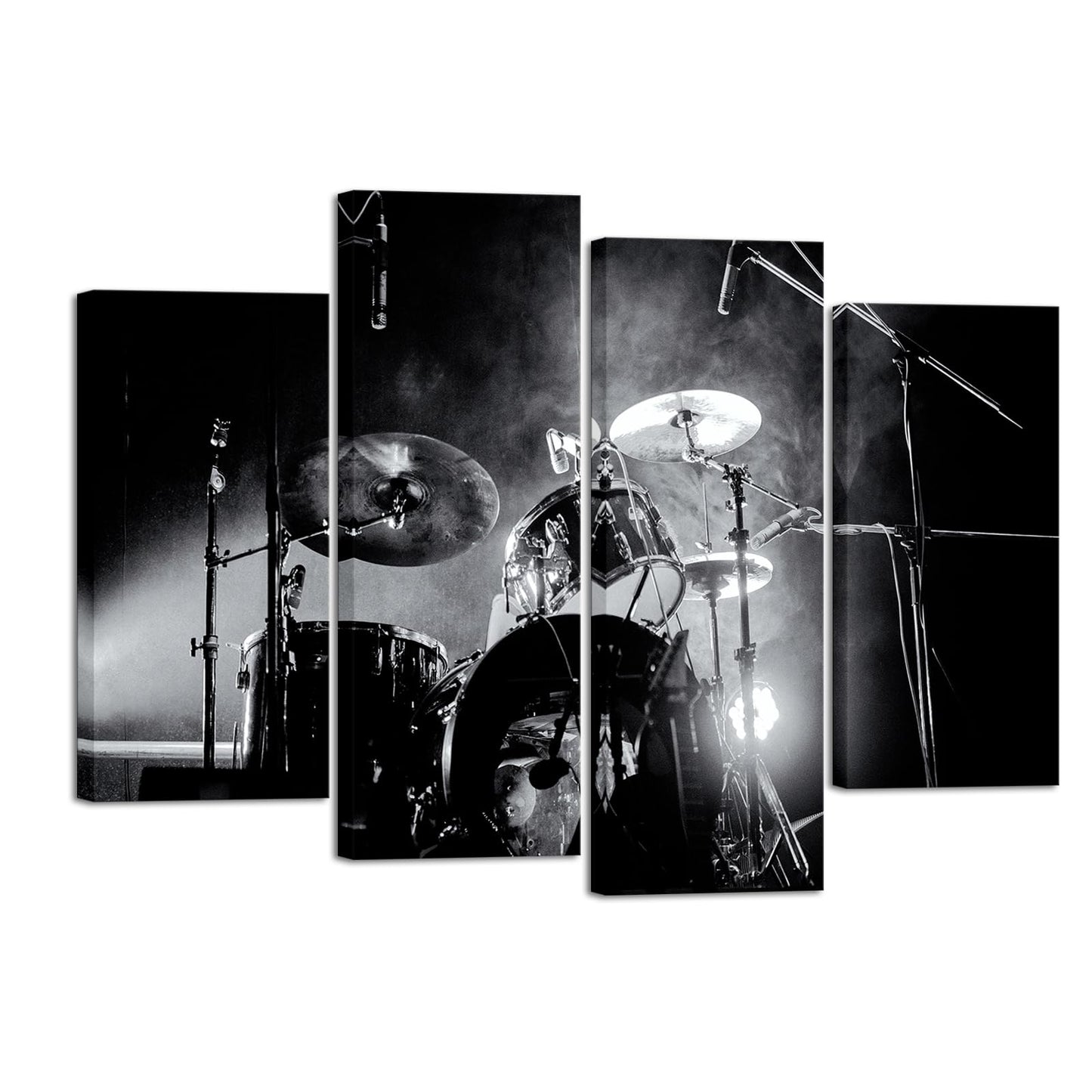 iHAPPYWALL 4 Piece Music Series Wall Art Rock Band Shelf Drum Set With Lights In Black And White Background Modern Home Decor for Living Room Bedroom