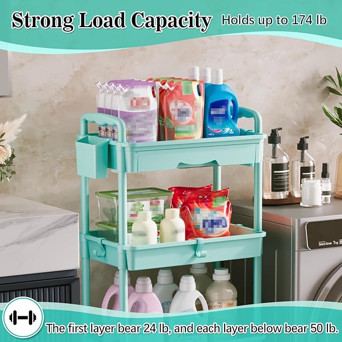 SUNALLY 4 Tier Rolling Utility Cart with Drawer, Storage Organizer Cart with 2 Lockable Wheels, Multifunctional Rolling Storage Cart for Bathroom, Kitchen, Craft, Makeup, Baby Essentials, Blue