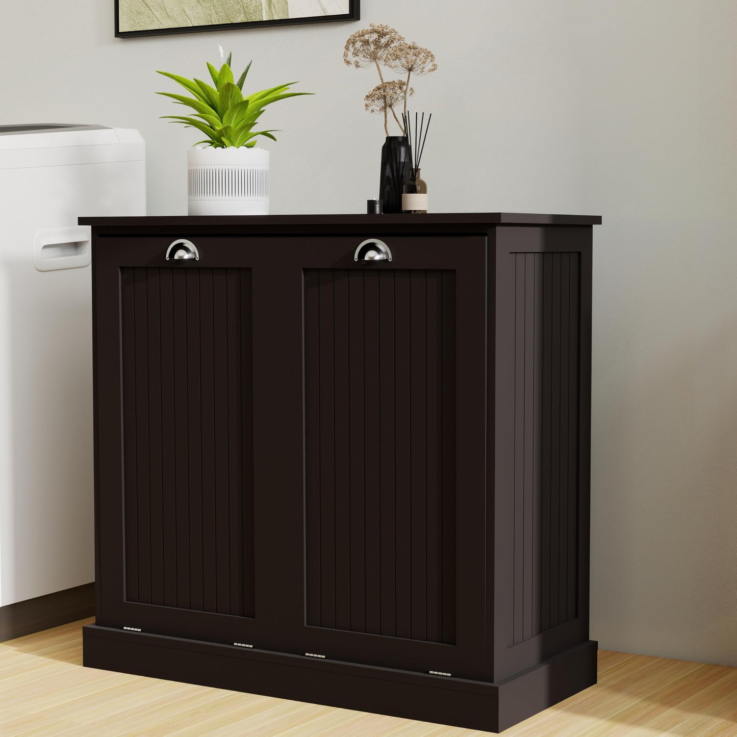 Two-Compartment Tilt-Out Laundry Sorter Cabinet,Ample Storage Laundry Hamper Cabinet with 2 Removable Cloth Bags for Bathroom,Laundry Room (Black)