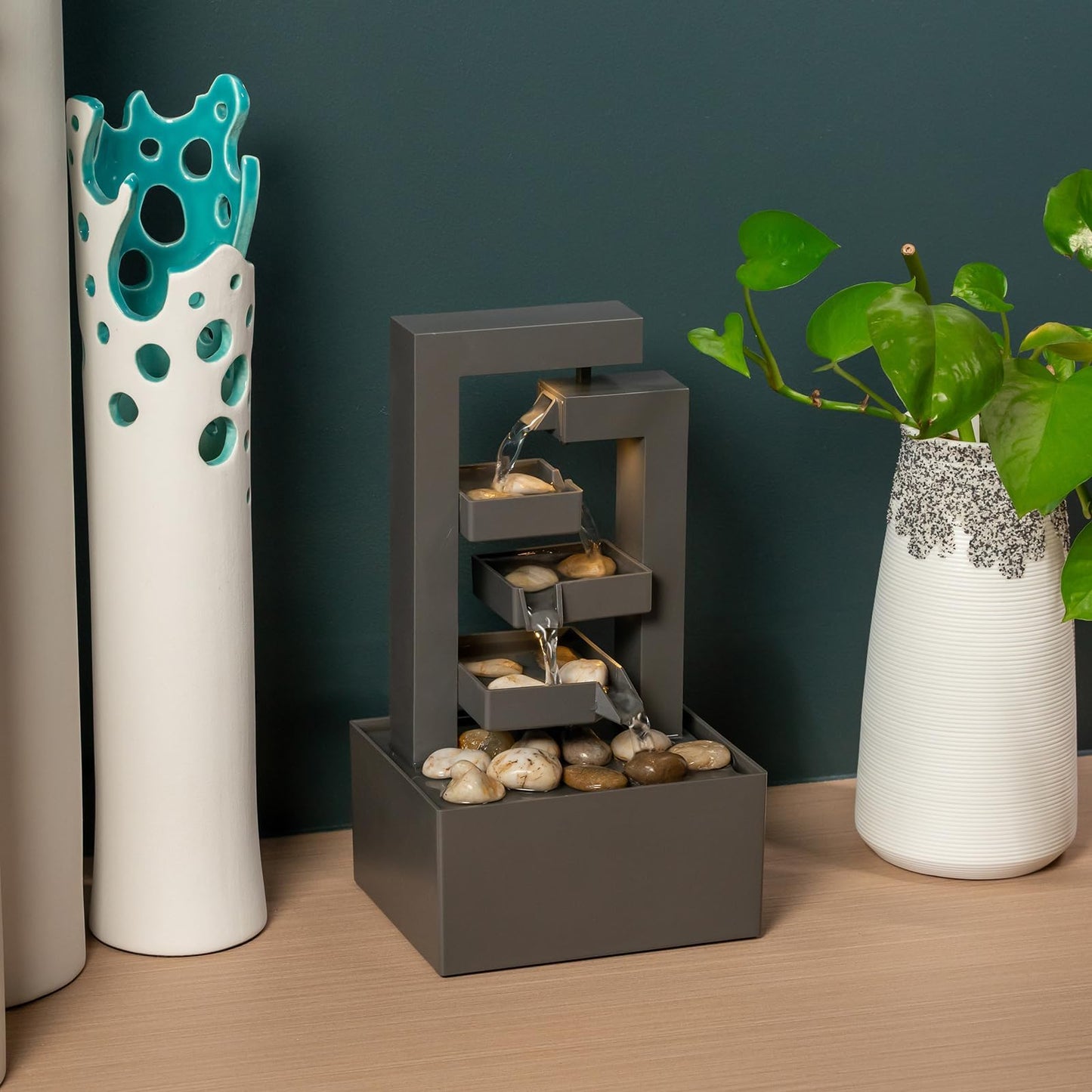 Puulye Desktop Waterfall Fountain Small- 9.65" Relaxation Tabletop Fountain with Soothing Sound for Office & Home Decor - Desktop Water Fountain Feature with Natural Stones