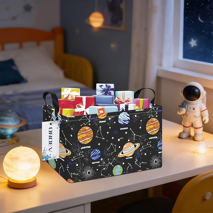 Rectangular Space Planet Pattern Storage Bin, Decorative Canvas Laundry Basket with Dual Handles, Foldable Household Toy Organizer, Multipurpose Party Gift Basket for Bedroom Dorm