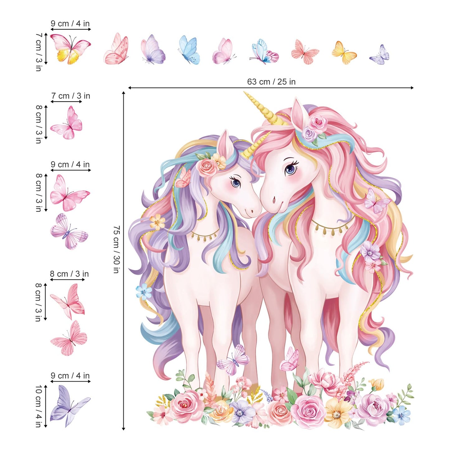 decalmile 2 Large Size Unicorn Wall Decals Unicorn Flower Butterfly Wall Stickers Baby Nursery Kids Room Girls Bedroom Wall Decor