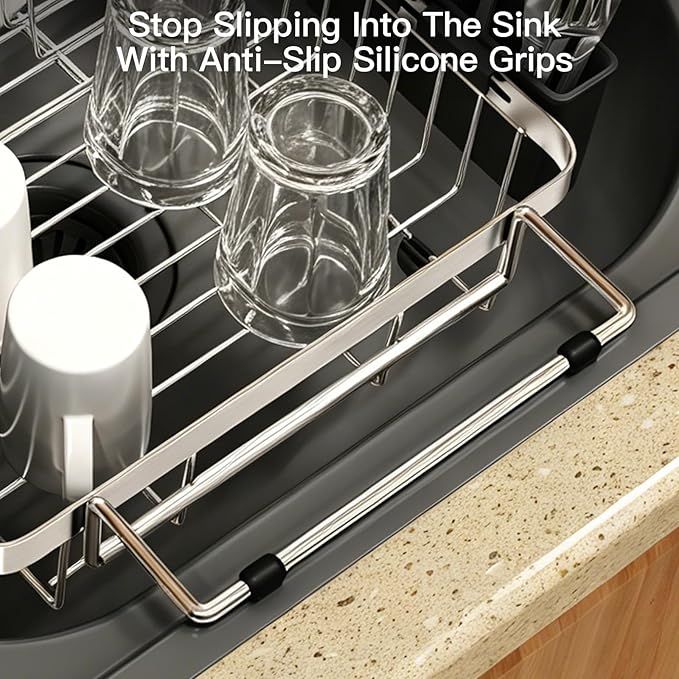 MAJALiS Dish Drying Rack Over The Sink with Utensil Holder, Mat | Expandable Stainless Steel Dish Drainer for Small Kitchen, Apartment, RV, Counter Space Saving, Perfect Fit, Rustproof