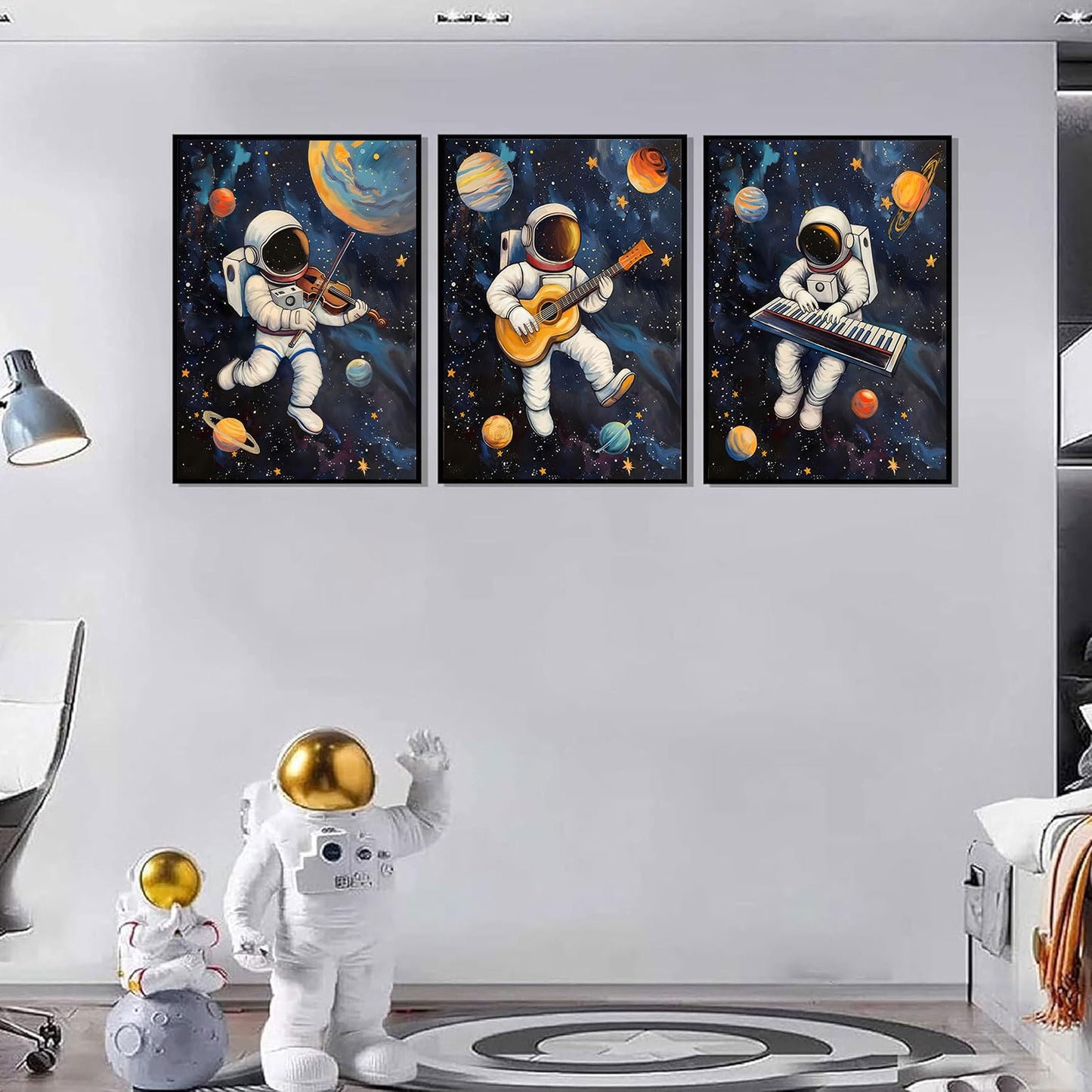 3Pcs Space Astronaut Music Posters Wall Art Cute Astronaut Musician Decor Pictures Funny Piano Guitar Violin Posters Prints for Boys Room Girls Room Kids Room Nursery Decoration Unframed