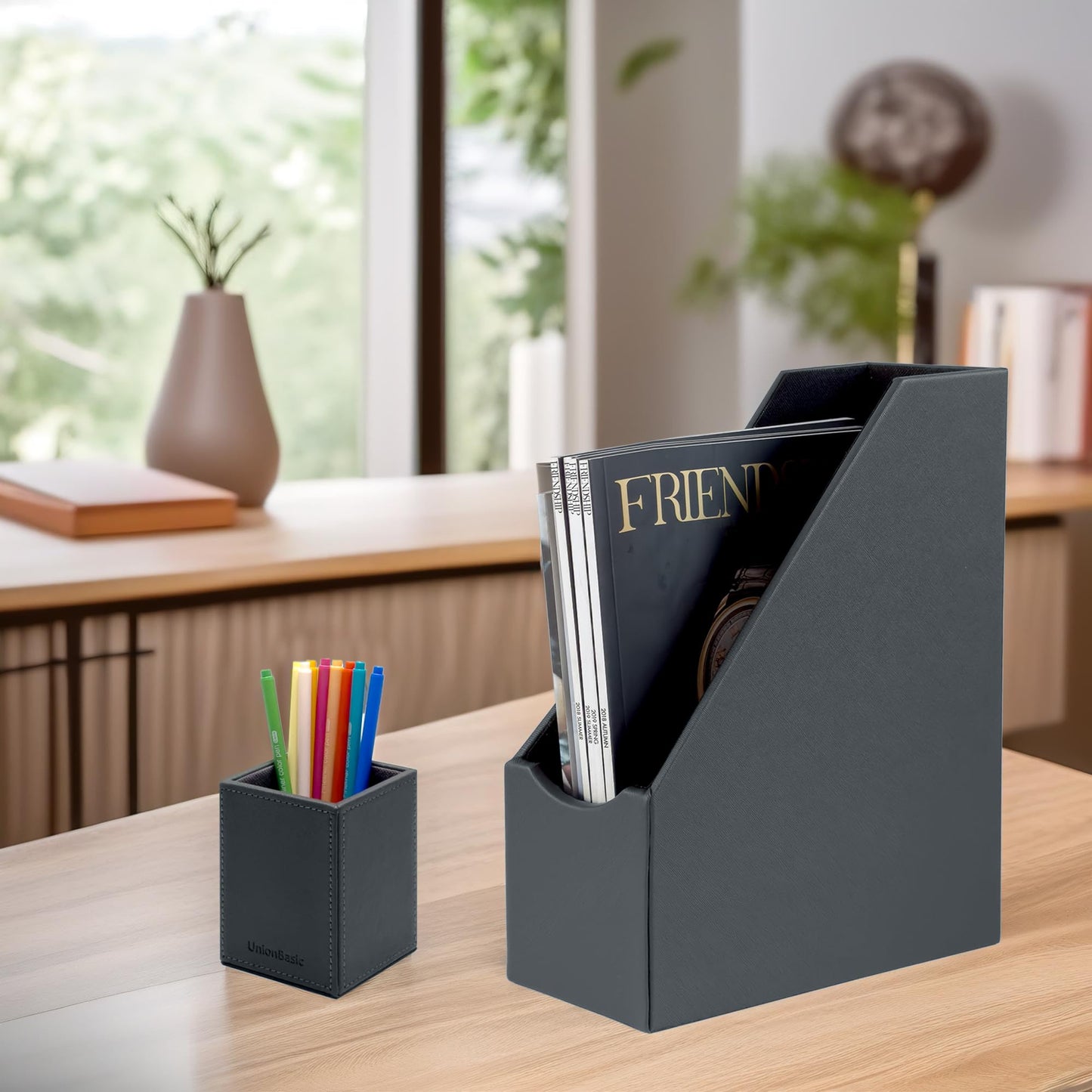 UnionBasic Magazine File Holder, Leatherette Desktop Document Organizer, Home Office Paper Holder File Storage Literature Sorter, Grey