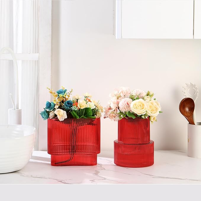 Red Glass Vases, Set of 2 Ribbed Vases for Flowers, Red Vase for Tulips, Modern Glass Vase for Living Room, Dining Table, Office, Entryway, Mantle, Bookshelf, Wedding Gifts