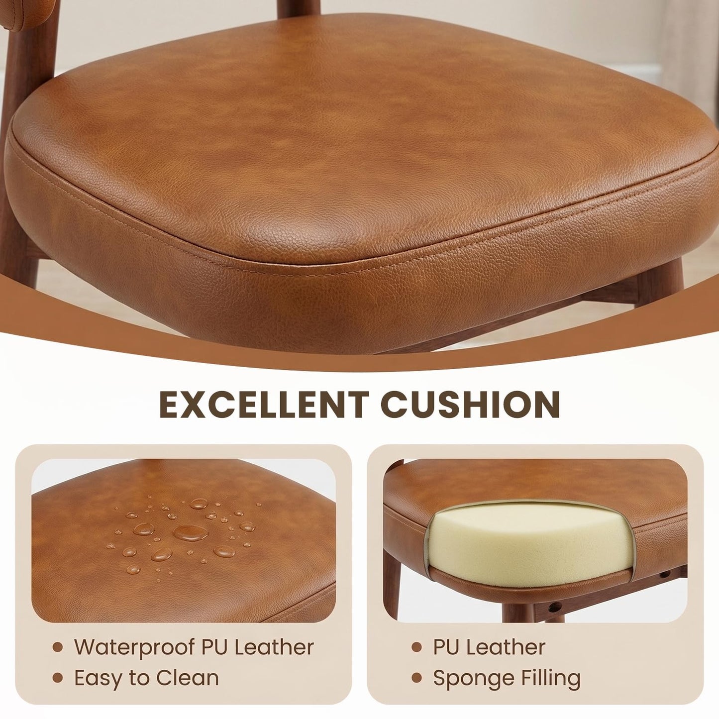 MALOL Wooden Dining Chairs Set of 6, Modern Upholstered Dining Room Chair, PU Leather Kitchen Side Chairs with Curved Open Back for Living Room/Restaurant/Cafe, Brown