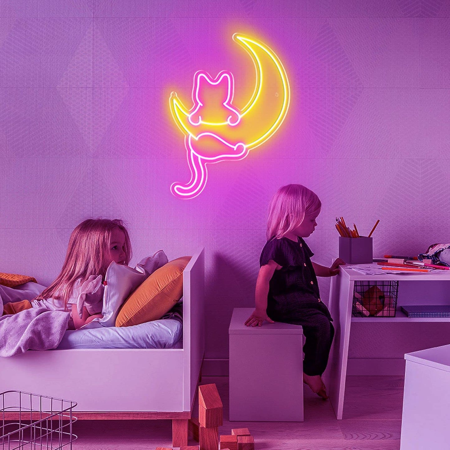 Anime Cat & Moon Neon Sign, Personalized Neon Signs for Wall Decor, LED Night Lights Home Decor Lights Backdrop LED Light up Signs for Game Room Sign Wall Art Arcade Decor, Bedroom, Living Room, Bars,
