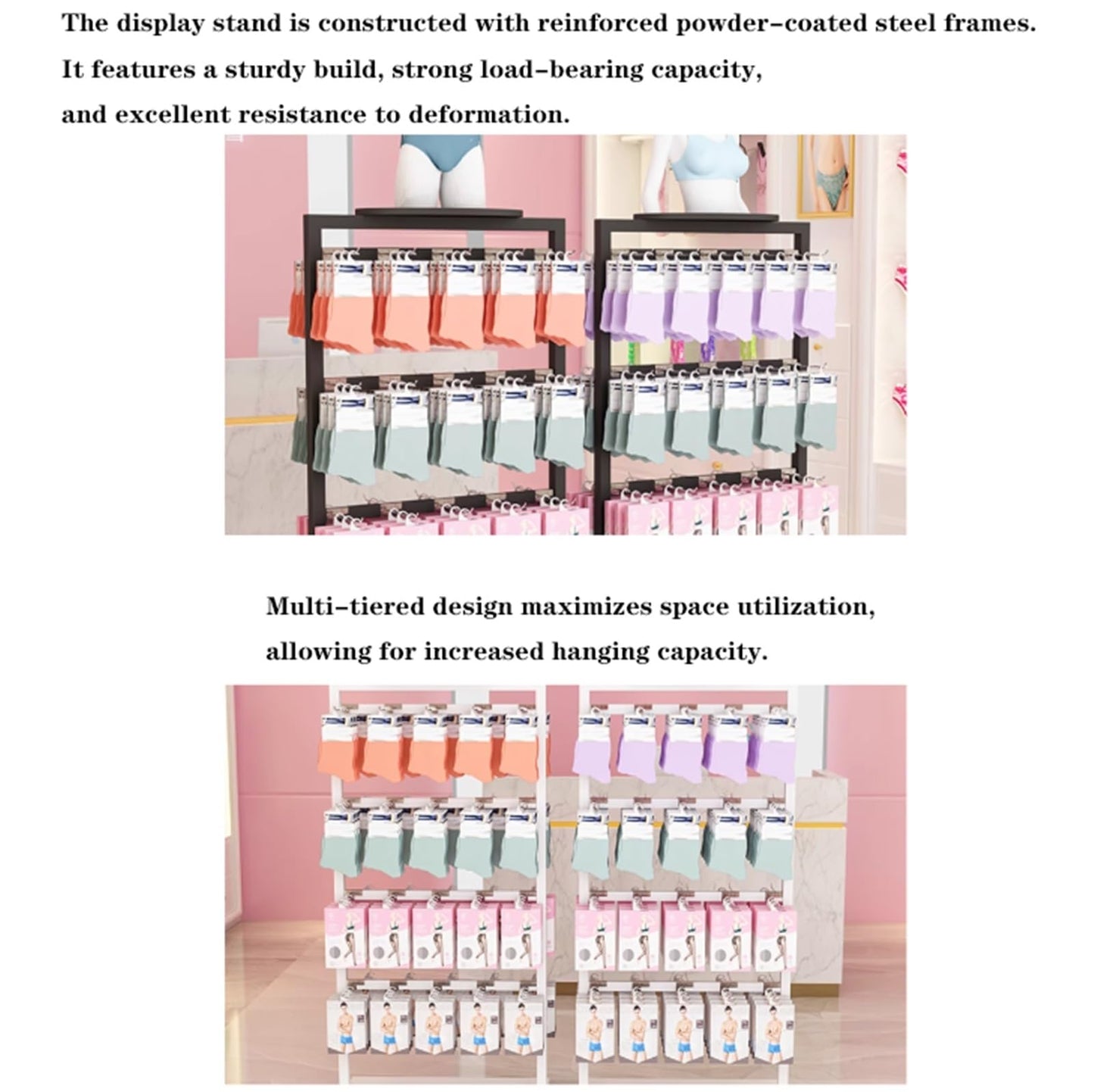 25.5 * 15.7 * 53in Sock Lingerie Bra Rack with Hook, Metal, Commercial Underwear Retail Display Stand, Freestanding Clothing Storage Shelf, for Farmers Markets, 4 Tier(White)