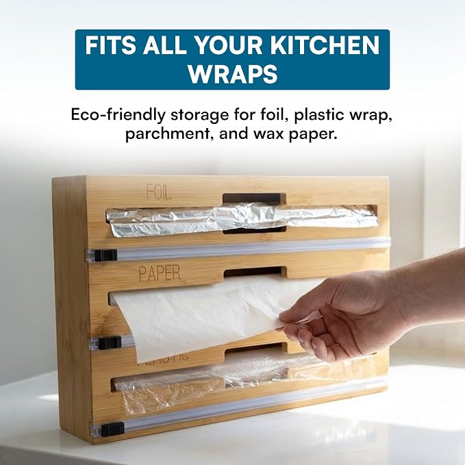 Honey Can Do 3-In-1 Bamboo Food Wrap Organizer With Safety Cutter | Plastic, Wax, Paper and Foil Holder KCH-09858 Natural
