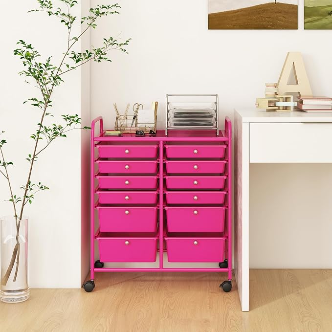 LDAILY 12 Drawer Rolling Storage Cart, Craft Cart Organizer on Wheels w/Metal Frame, Large Capacity & Smooth Drawer, Rolling Cart w/Drawers for Classroom, Office