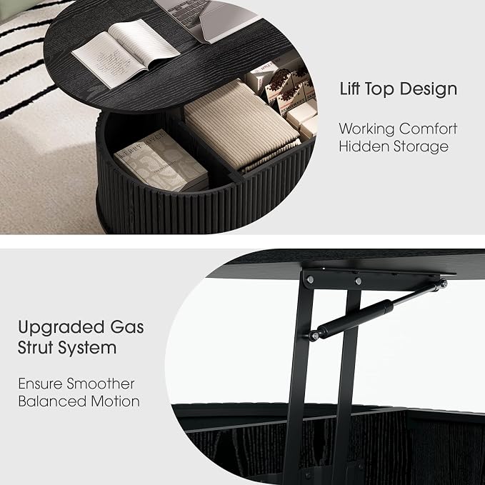 JOINICE 42.5" Oval Lift Top Coffee Table with Storage,Modern Black Center Table with Fluted Design, Solid Wood Legs & Hidden Compartment, Pop Up Coffee Table for Living Roomm