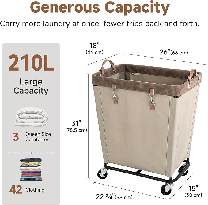 StorageWorks 210L Laundry Basket with Wheels, Extra Large Rolling Hampers for Clothing Organizer, Dirty Clothes Basket for Hotel, Home, Closet, Dorm, Light Khaki
