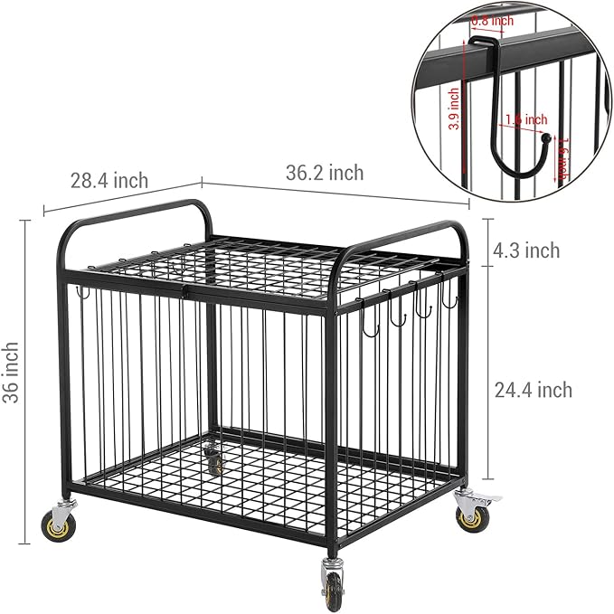 MyGift Large Capacity Metal Rolling Multi Sports Ball Cage Storage Hopper, Gym Equipment Basket Cart with Lockable Latch, Heavy Duty Caster Wheels, and 8 Accessory Hooks