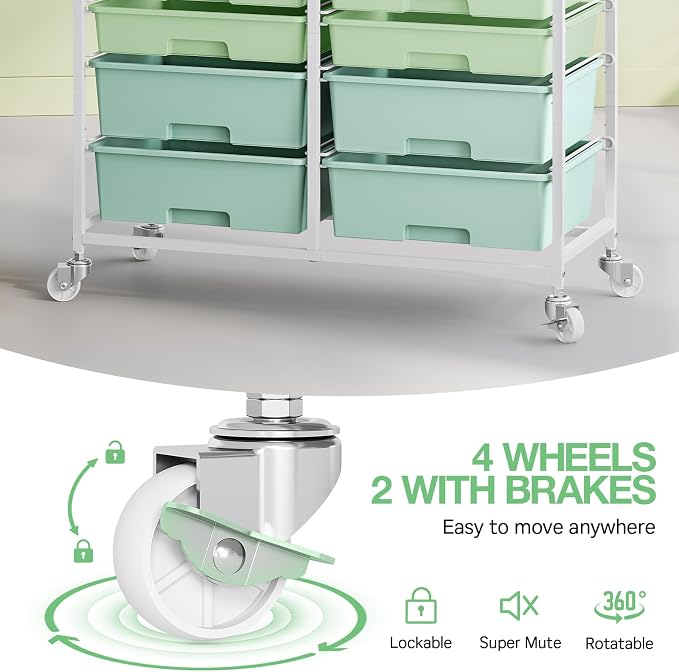 Rolling Storage Cart with 12 Drawers, Wooden Tabletop Utility Cart for Craft Storage, Art Supply Storage & Home Office Organization, Teacher Cart with Wheels for Classroom Organization, School (Green)