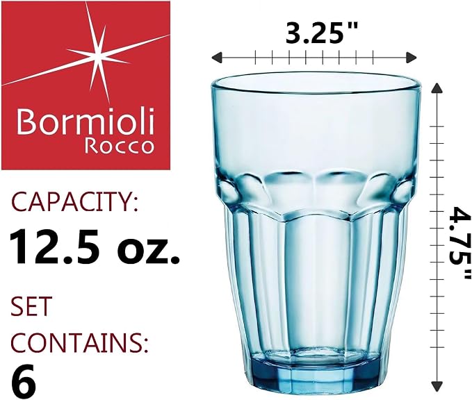Bormioli Rocco Rock Bar 12.5 oz. Long Drink Stackable Tempered Beverage Glasses for Cold Drinks, Water, and Cocktails, Set of 6, Ice Blue