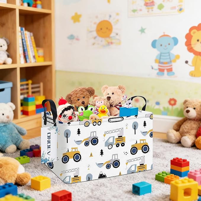 Rectangular Construction Vehicle Storage Basket for Boys,Collapsible Fabric Toy Storage Bin with Handles,Cute Excavator Tractor Truck Organizer for Kids Room,Nursery,Playroom,Closet (Excavator)