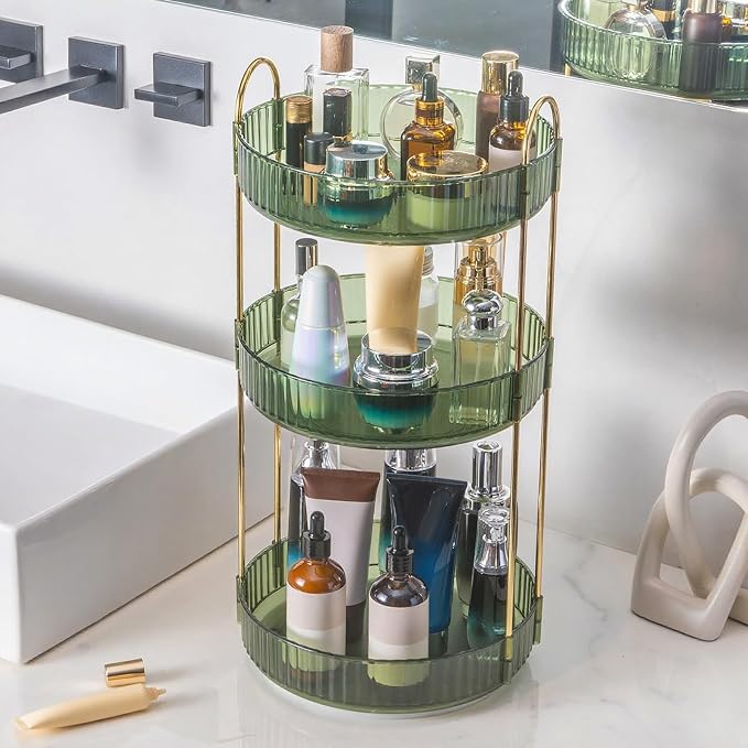 INVSSENE 360° Rotating Makeup Organizer, Bathroom Make Up Spinning Holder Rack, Large Capacity Cosmetics Storage Vanity Shelf Countertop, Fits Cosmetics, Perfume, Skincare(3 Tiers, Green)