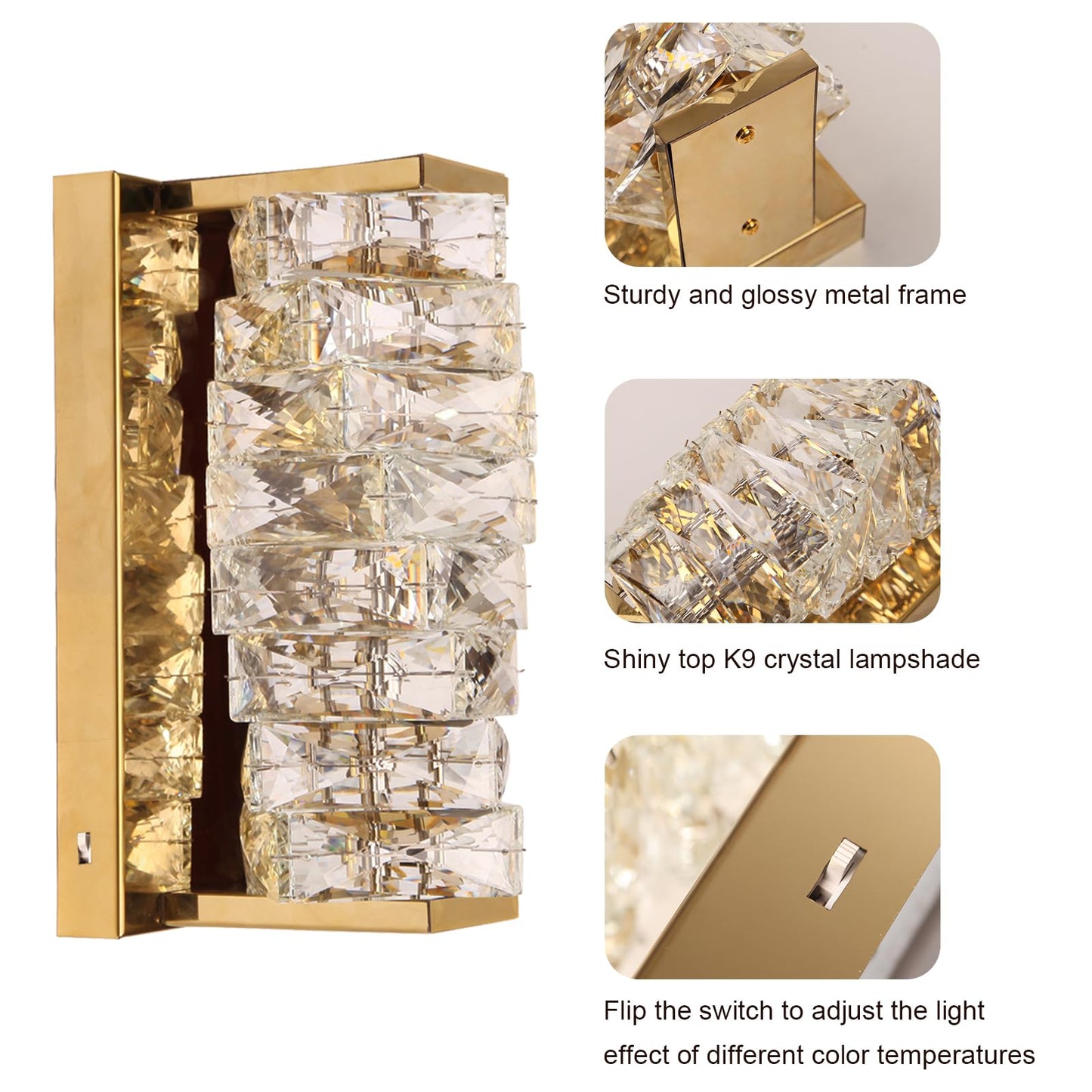 HuisMier Gold Crystal Wall Sconce, Modern Dimmable LED Sconces Wall Lighting, Luxury Vanity Light Fixture Bathroom Wall Sconces for Living Room Bedside Hallway Stairway