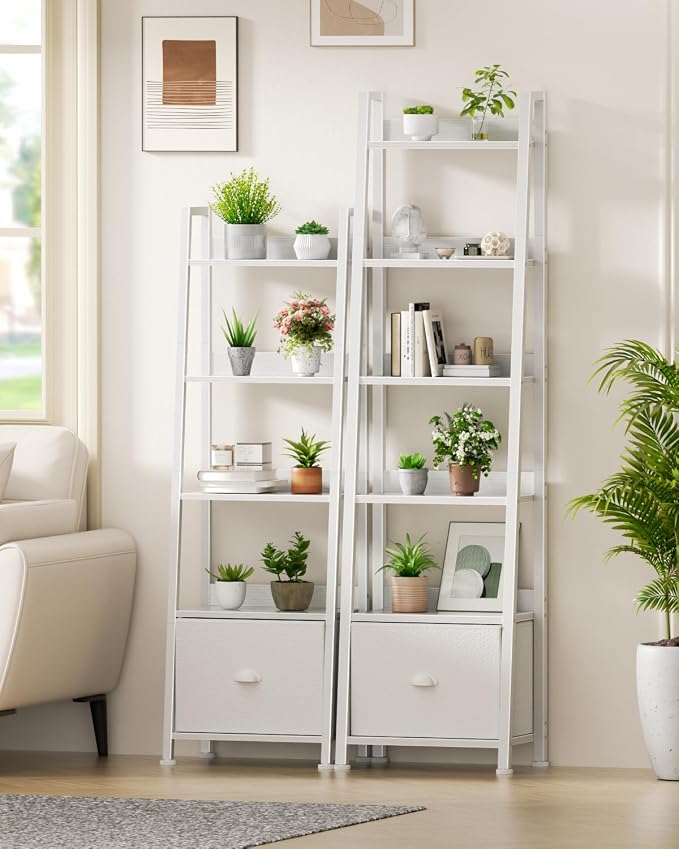 Furologee 6 Tier Ladder Shelf,Ladder Bookshelf with Drawer,Modern Tall Bookcase,Storage Rack Organizer,Wood Metal Freestanding Shelves for Living Room, Home Office, Bedroom, White