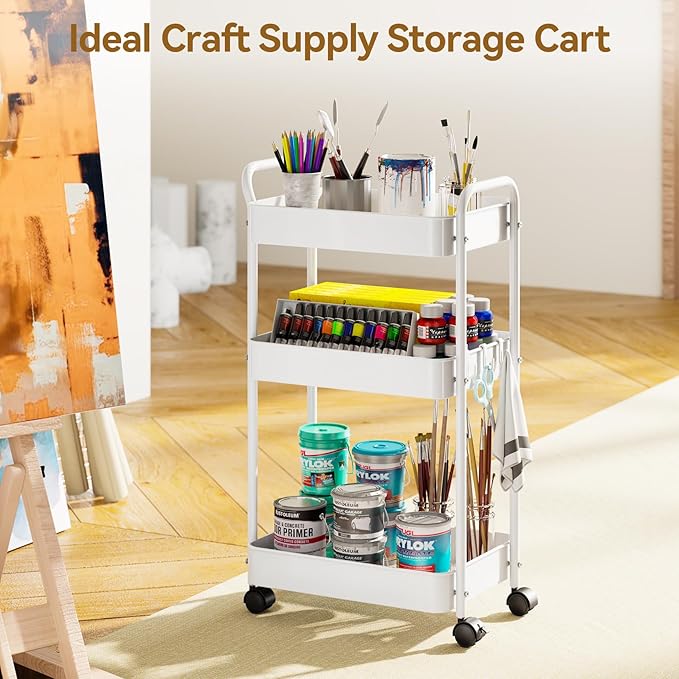 YASONIC 3-Tier Metal Rolling Cart, Sturdy Storage Utility Carts with Wheels, Multifunction Craft Art Organizer for Bedroom, Laundry, Garage, Office, Nursery, Bathroom, Easy Assembly (White)