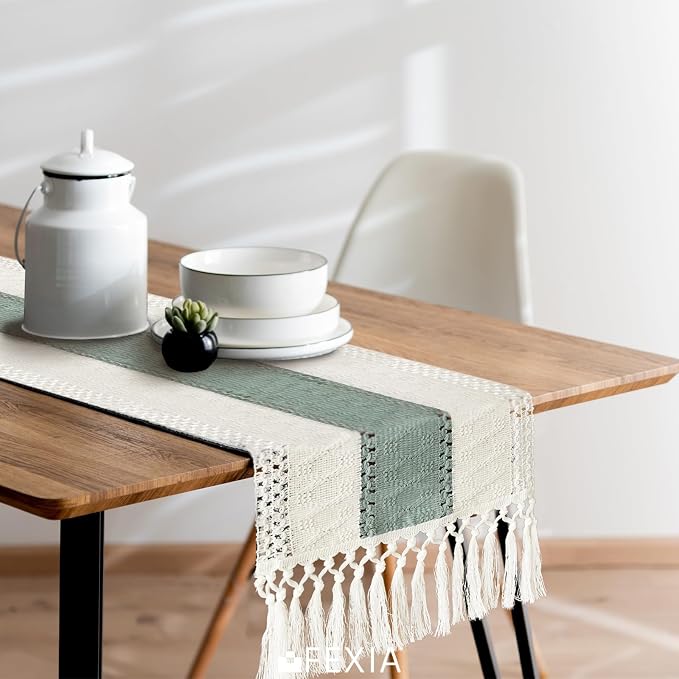 FEXIA Sage Green Table Runner 48 Inches Long with Tassels Boho for Summer Home Decor Rustic Macrame Farmhouse Table Cover for Wedding Party Bohemian Bridal Shower Dining Decorations(12x48 Inches)