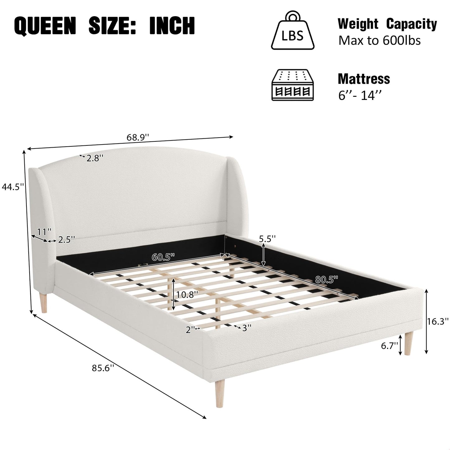 Queen Size Bouclé Upholstered Platform Bed Frame with Wingback Headboard, Rounded Corners, Modern Fabric Bed with Wood Slats Support, No Box Spring Needed, White