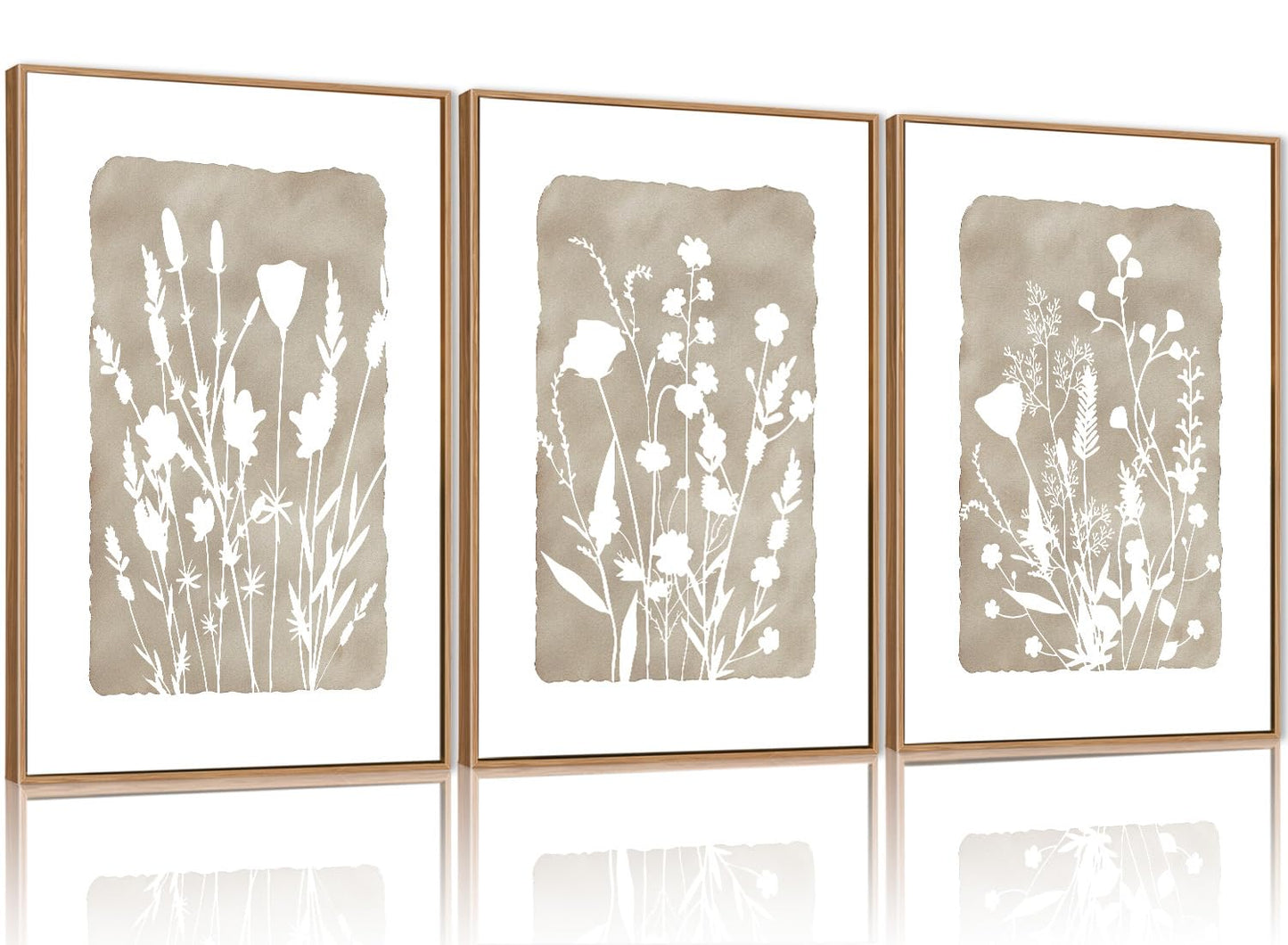 FWIEXA Neutral Botanical Canvas Wall Art Set 3, Minimalist Boho Wildflowr Framed Prints, Beige Floral Paintings, 24x36In Rustic Plant Artwork Poster for Farmhouse, Gift, Living Room, Bedroom, Office