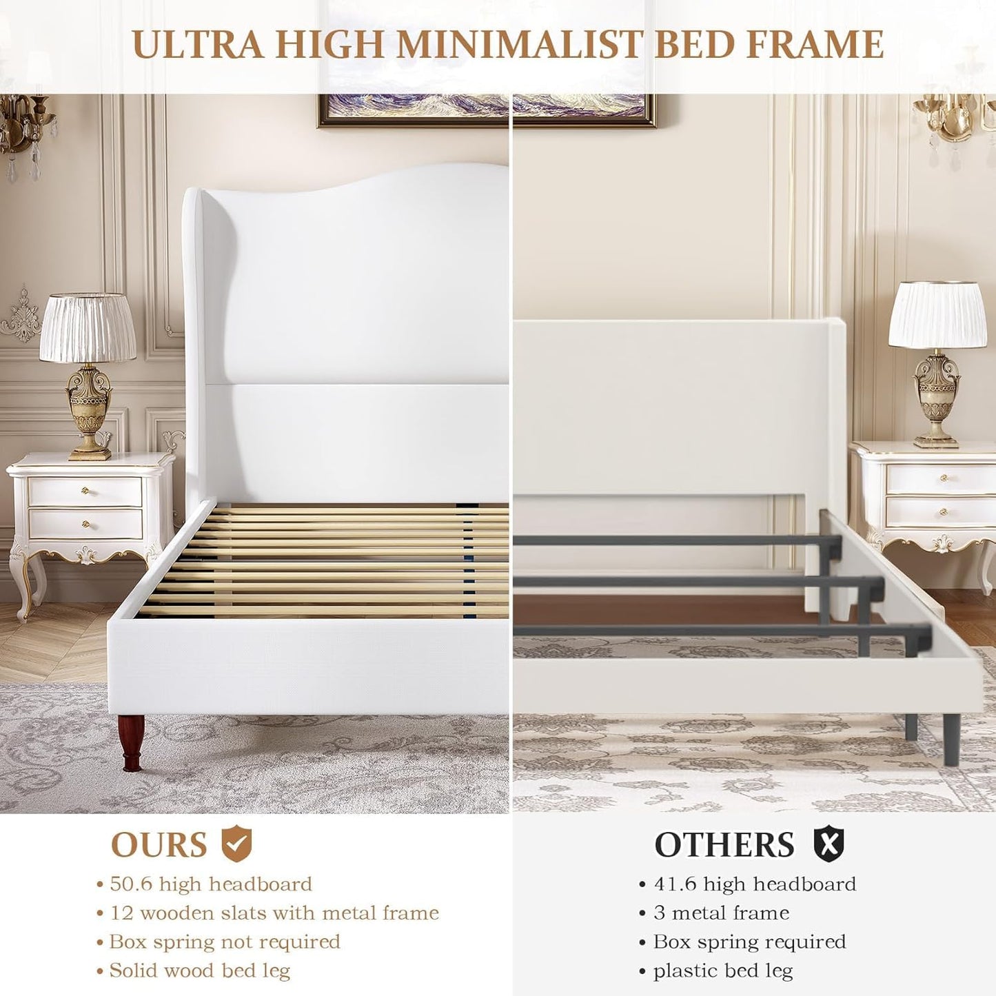 koorlian Queen Size Bed Frame with 51" Tall Headboard, Fully Upholstered Platform Bed Frame with with Soft Fabric, Sleigh Wingback, Solid Wood Retro Legs, Modern Minimalist Style, Easy Assembly, White