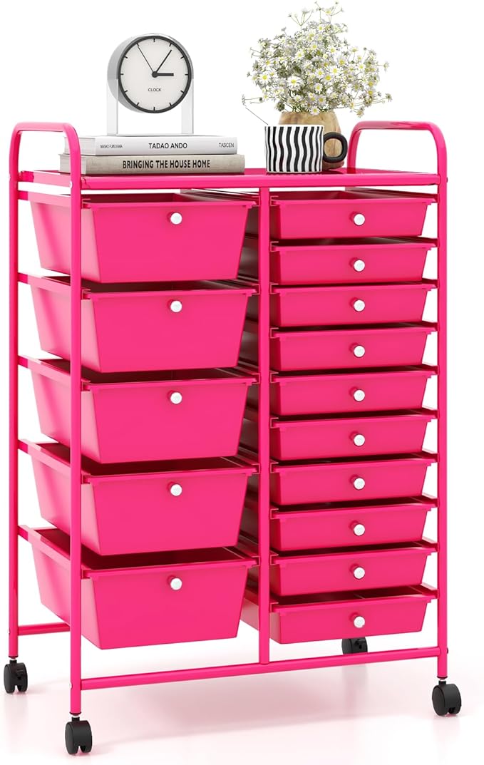 Giantex 15 Drawers Rolling Cart, Classroom Organizers, Storage Cart with Wheels, for Teacher Office Home School Supplies Tool Craft Art Paper